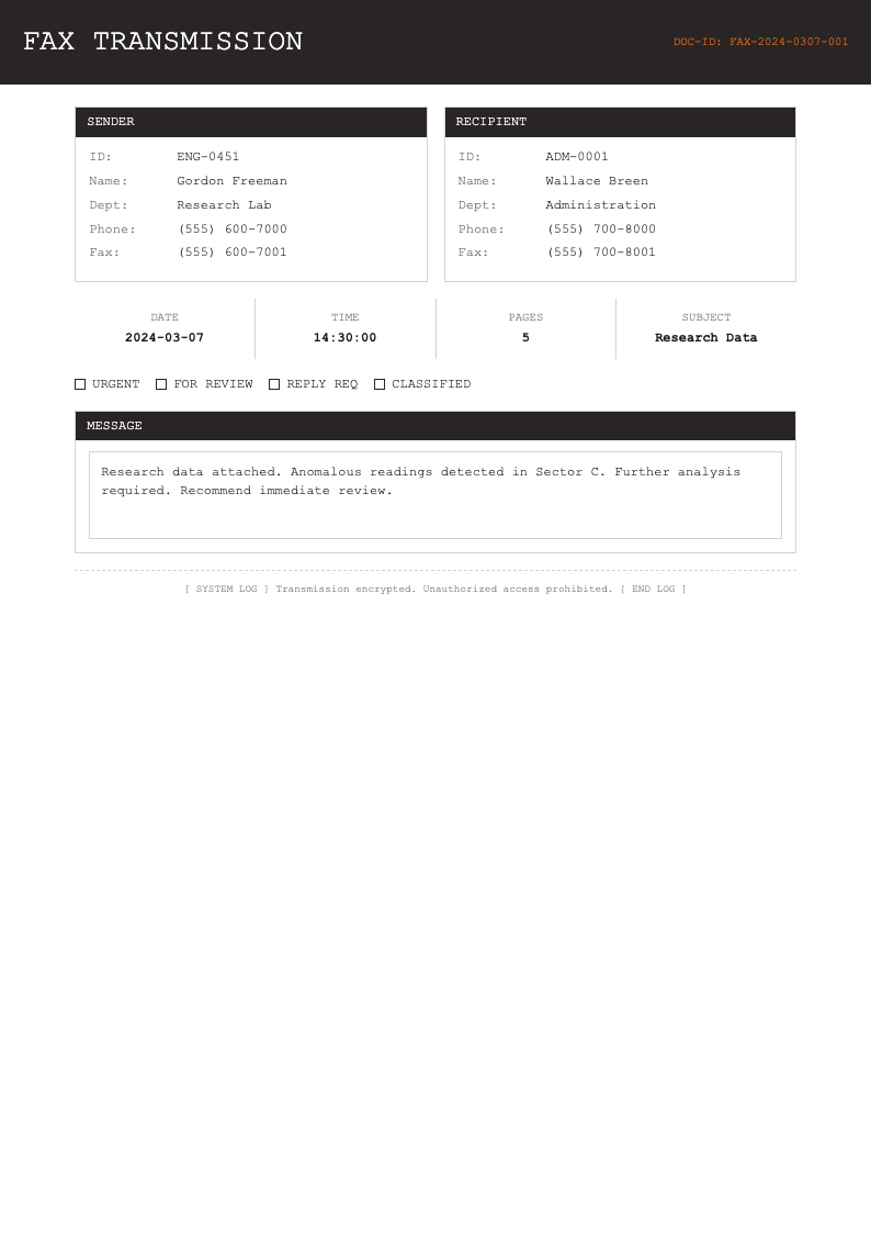 Industrial technical fax cover page